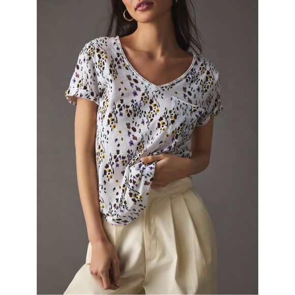 T.LA ANTHROPOLOGIE NWT Short Sleeve Abstract Floral V-Neck T-Shirt M - Picture 1 of 13